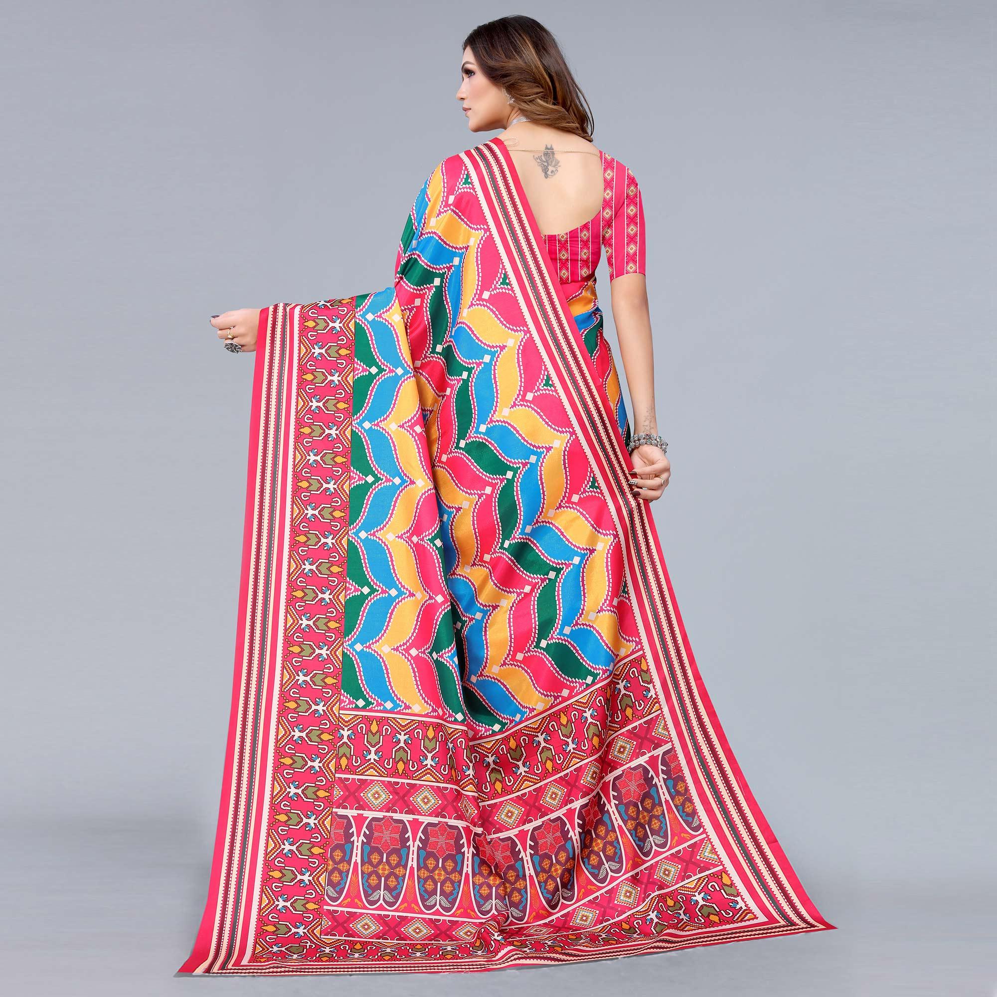 Pink Digital Printed Dola Silk Saree - Peachmode