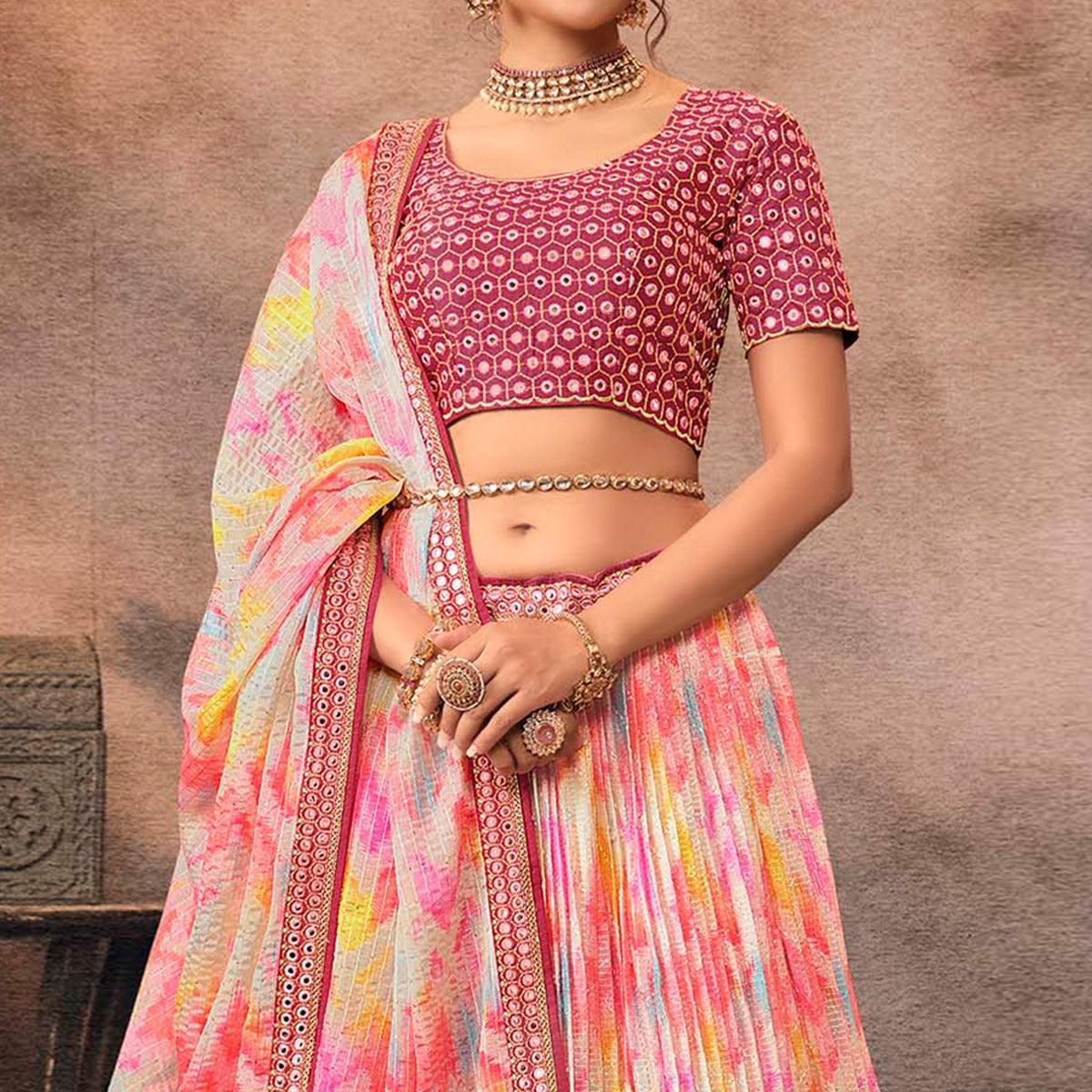 Pink Digital Printed-Embellished Chiffon Lehenga Choli - Peachmode