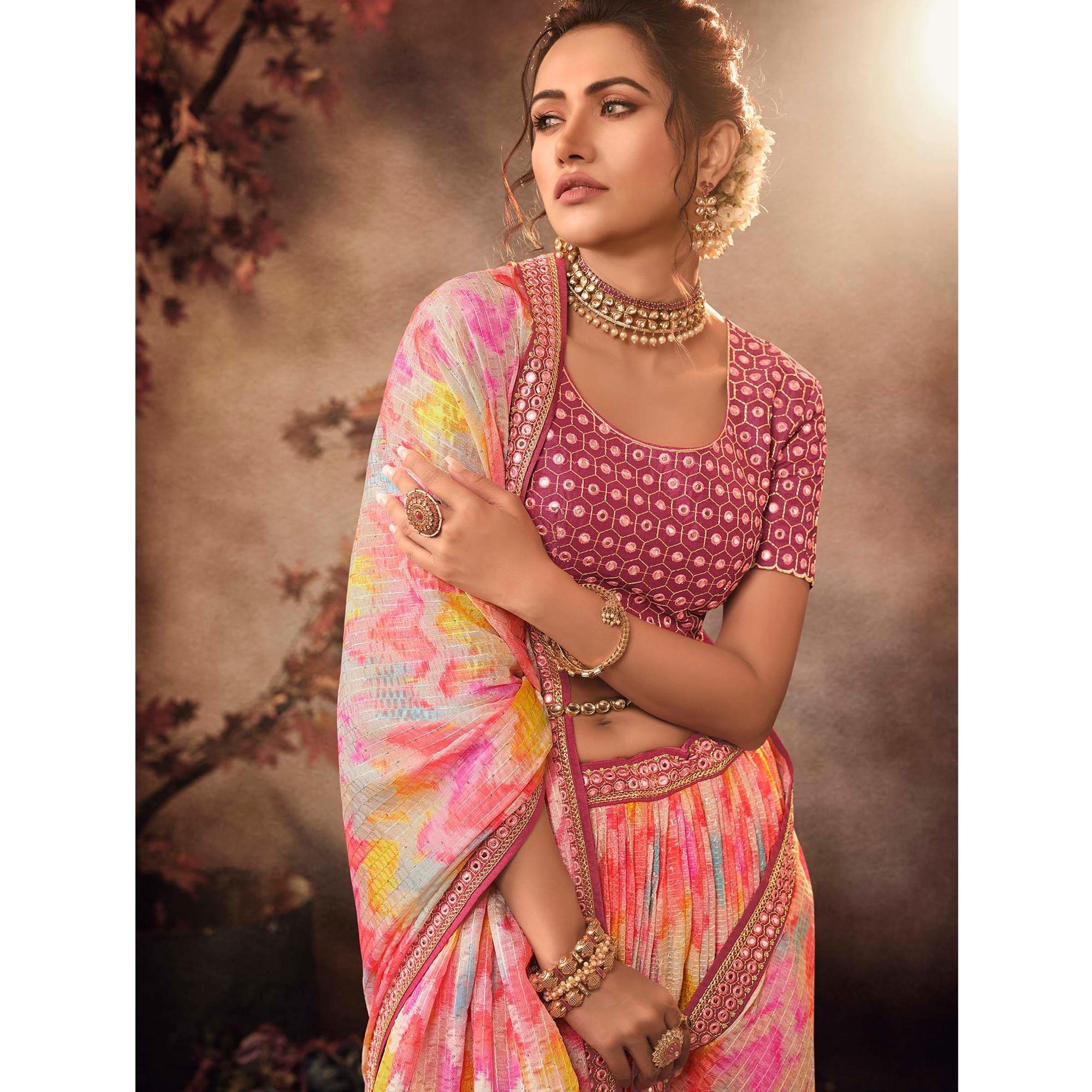 Pink Digital Printed-Embellished Chiffon Lehenga Choli - Peachmode