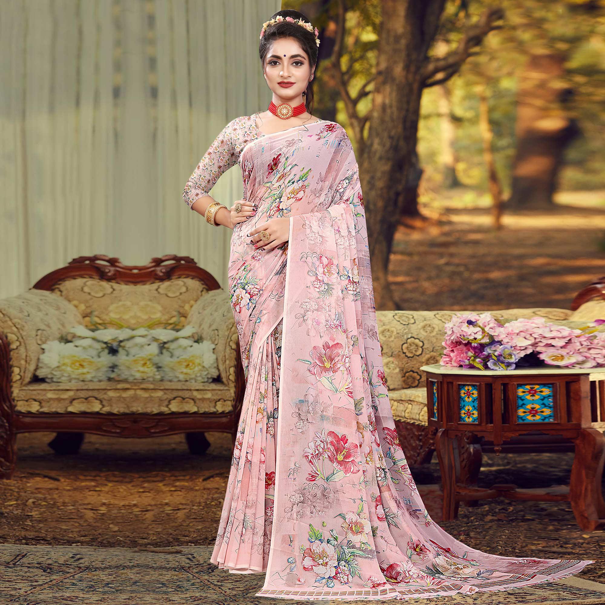 Pink Digital Printed Georgette Saree - Peachmode