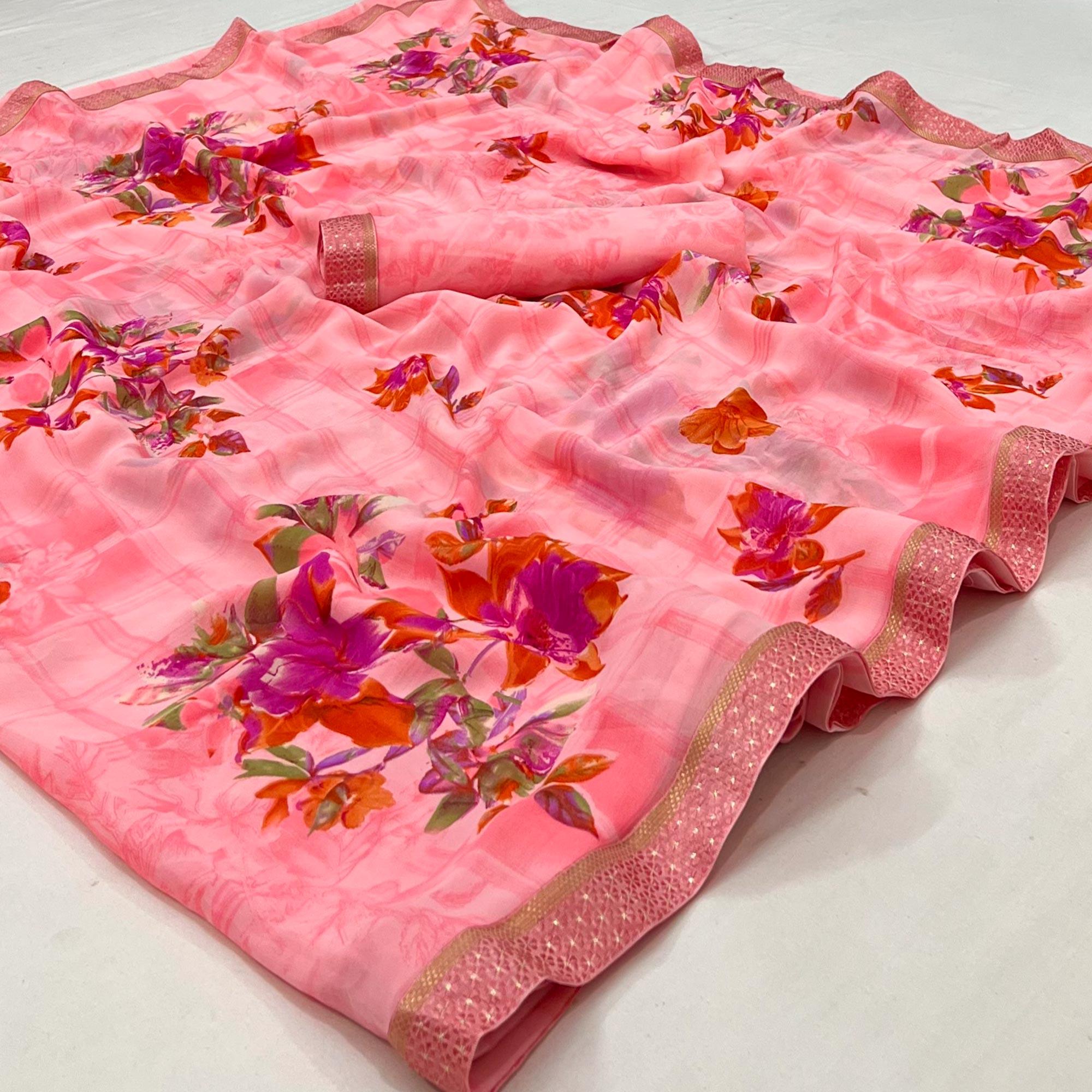 Pink Digital Printed Georgette Saree - Peachmode