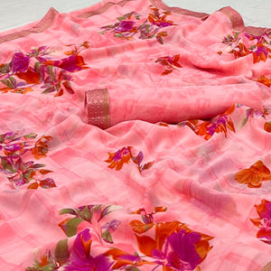 Pink Digital Printed Georgette Saree - Peachmode