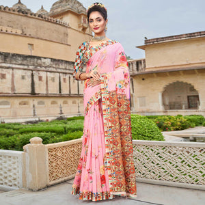 Pink Digital Printed Linen Saree - Peachmode