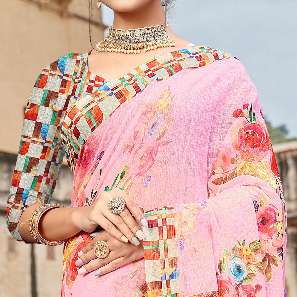 Pink Digital Printed Linen Saree - Peachmode