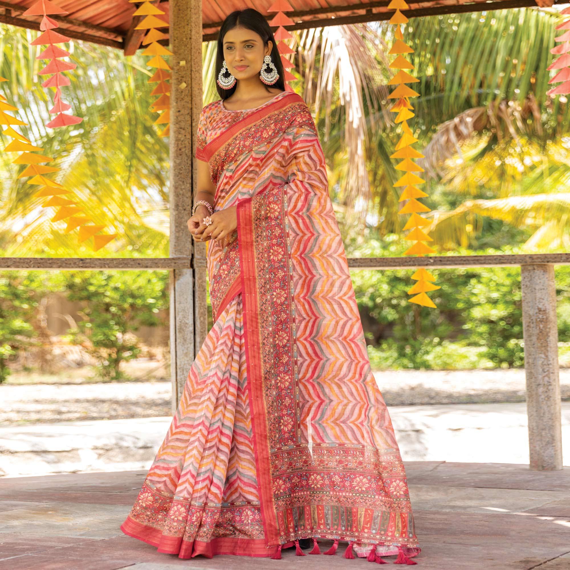 Pink Digital Printed Linen Saree With Tassels - Peachmode
