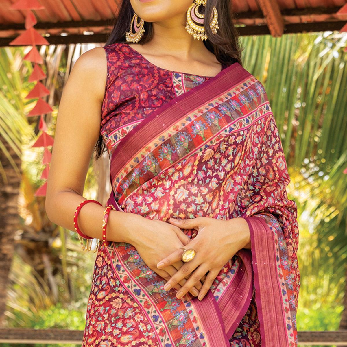Pink Digital Printed Linen Saree With Tassels - Peachmode