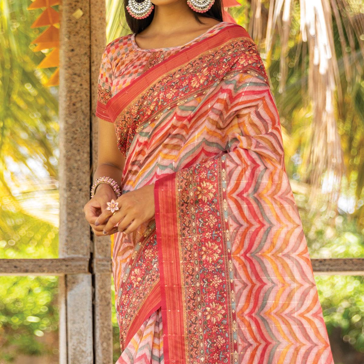 Pink Digital Printed Linen Saree With Tassels - Peachmode