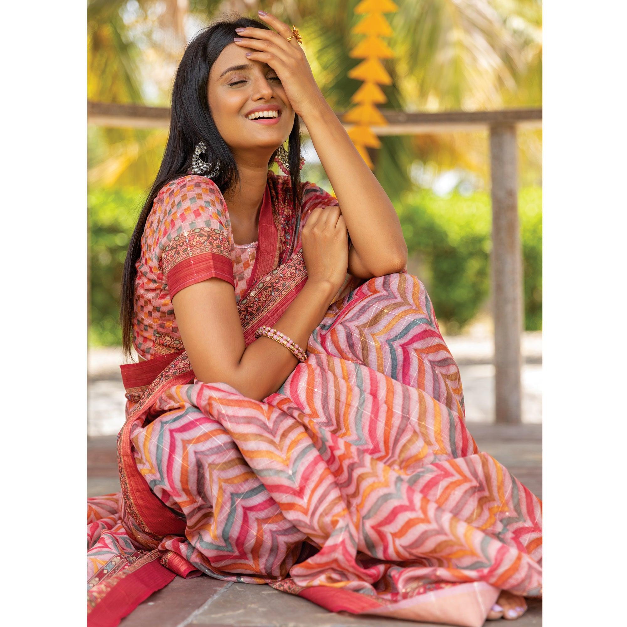 Pink Digital Printed Linen Saree With Tassels - Peachmode