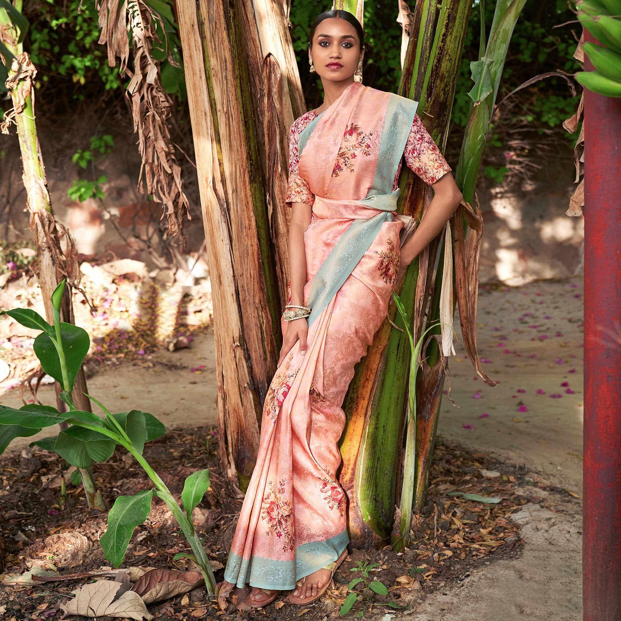 Pink Digital Printed Pure Silk Saree With Tassels - Peachmode