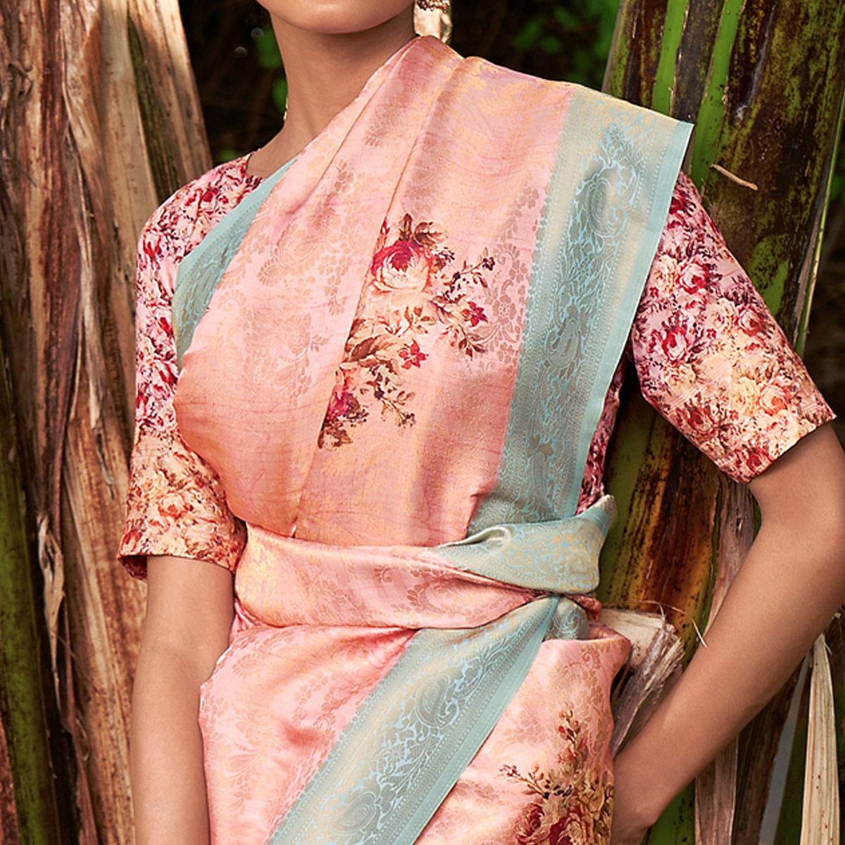 Pink Digital Printed Pure Silk Saree With Tassels - Peachmode