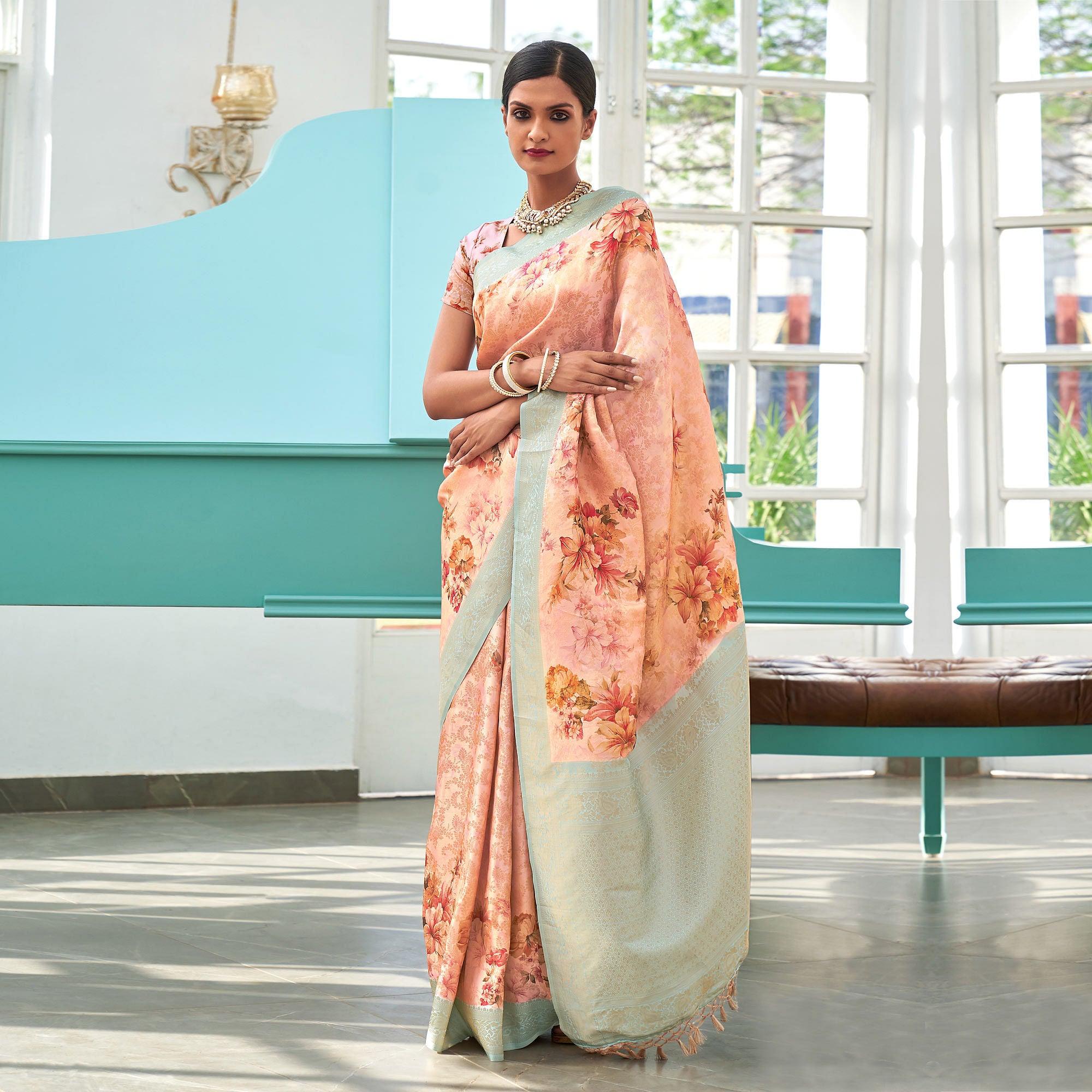 Pink Digital Printed Pure Silk Saree With Tassels - Peachmode