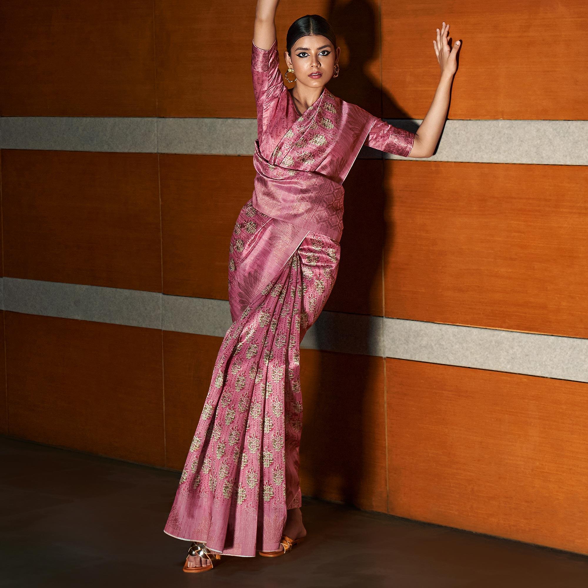 Pink digital Printed Raw Silk Saree With Tassels - Peachmode