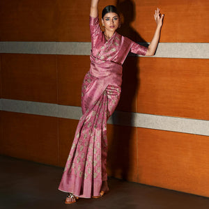 Pink digital Printed Raw Silk Saree With Tassels - Peachmode