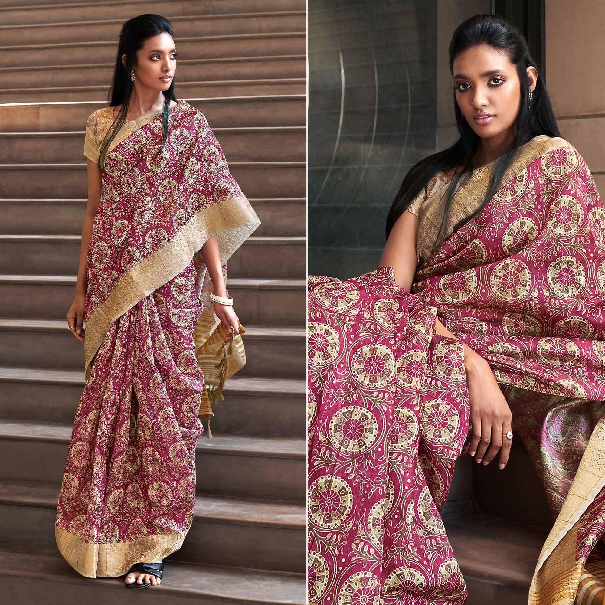 Pink Digital Printed-Woven Art Silk Saree With Tassels - Peachmode