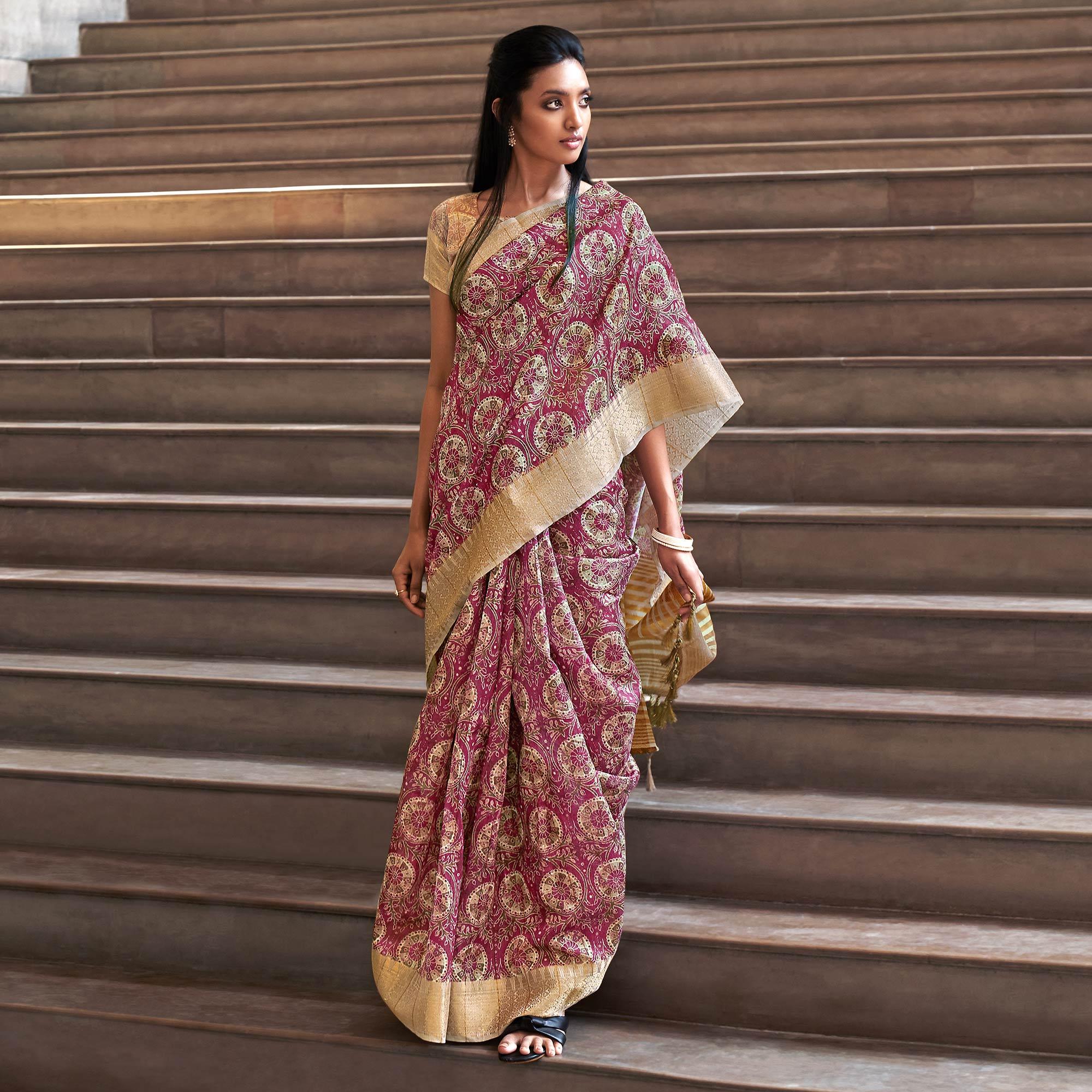 Pink Digital Printed-Woven Art Silk Saree With Tassels - Peachmode