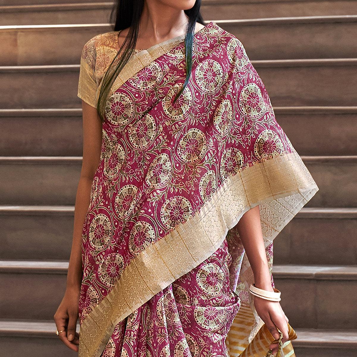 Pink Digital Printed-Woven Art Silk Saree With Tassels - Peachmode