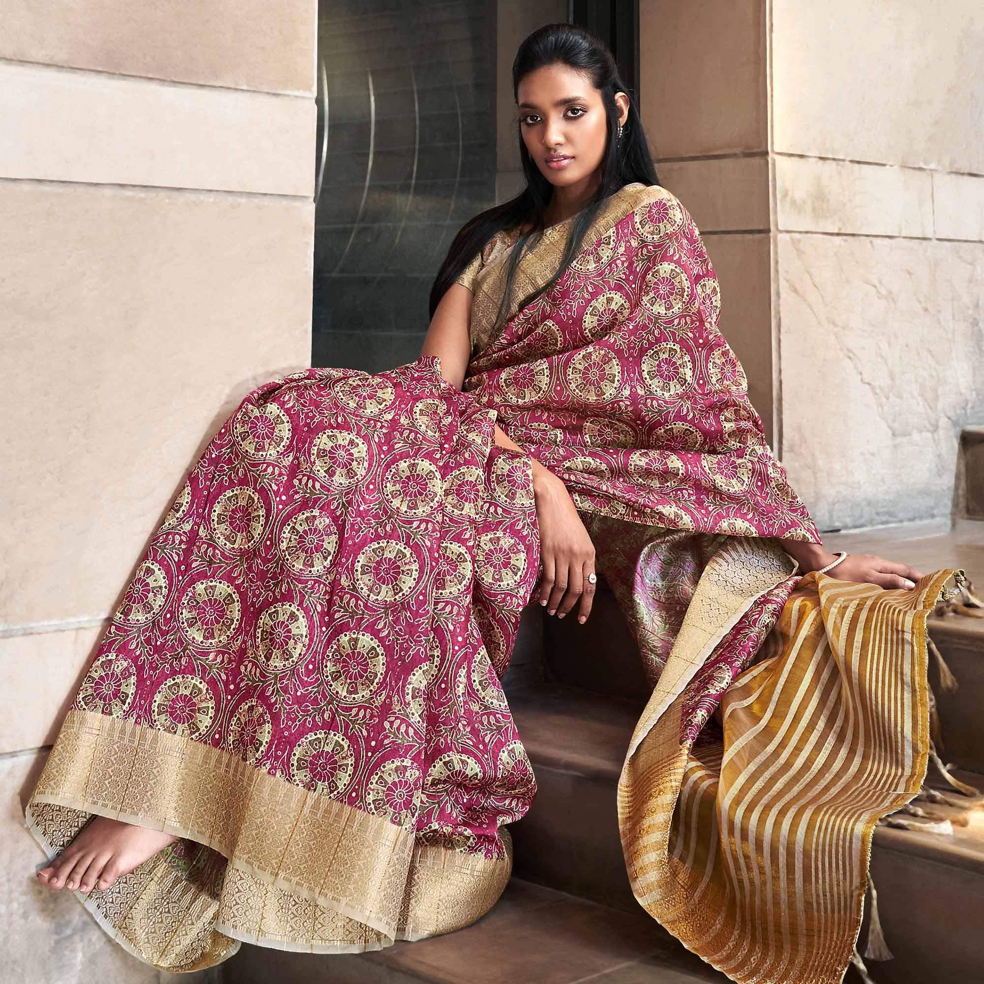 Pink Digital Printed-Woven Art Silk Saree With Tassels - Peachmode