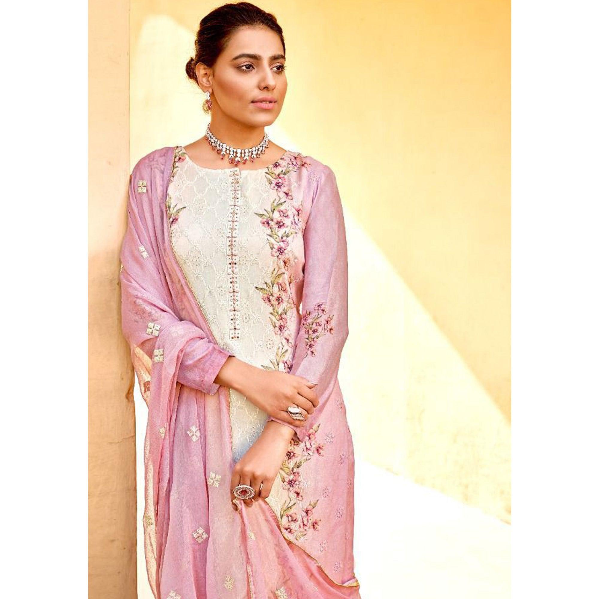 Pink Embellished & Embroidered Chiffon Partywear Suit - Peachmode