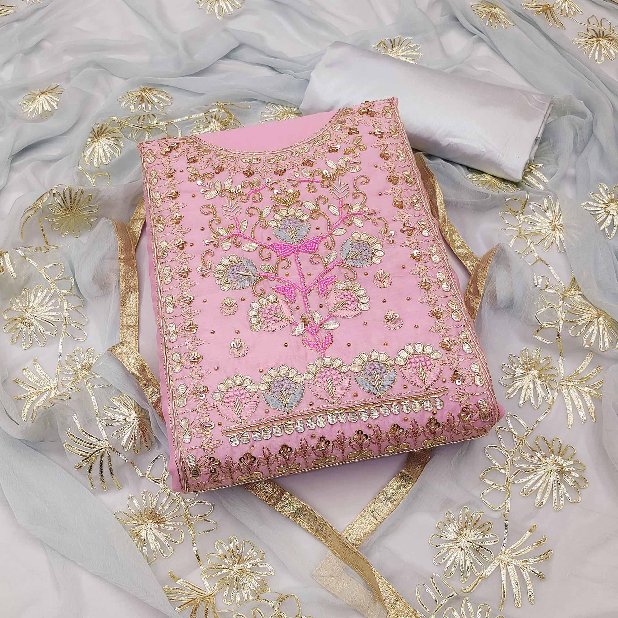 Pink Embellished Chanderi Dress Material - Peachmode