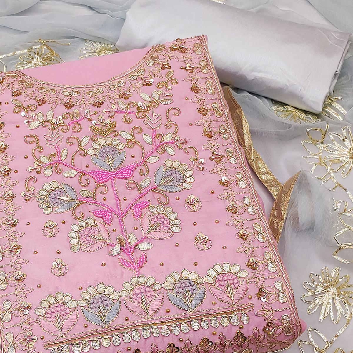 Pink Embellished Chanderi Dress Material - Peachmode