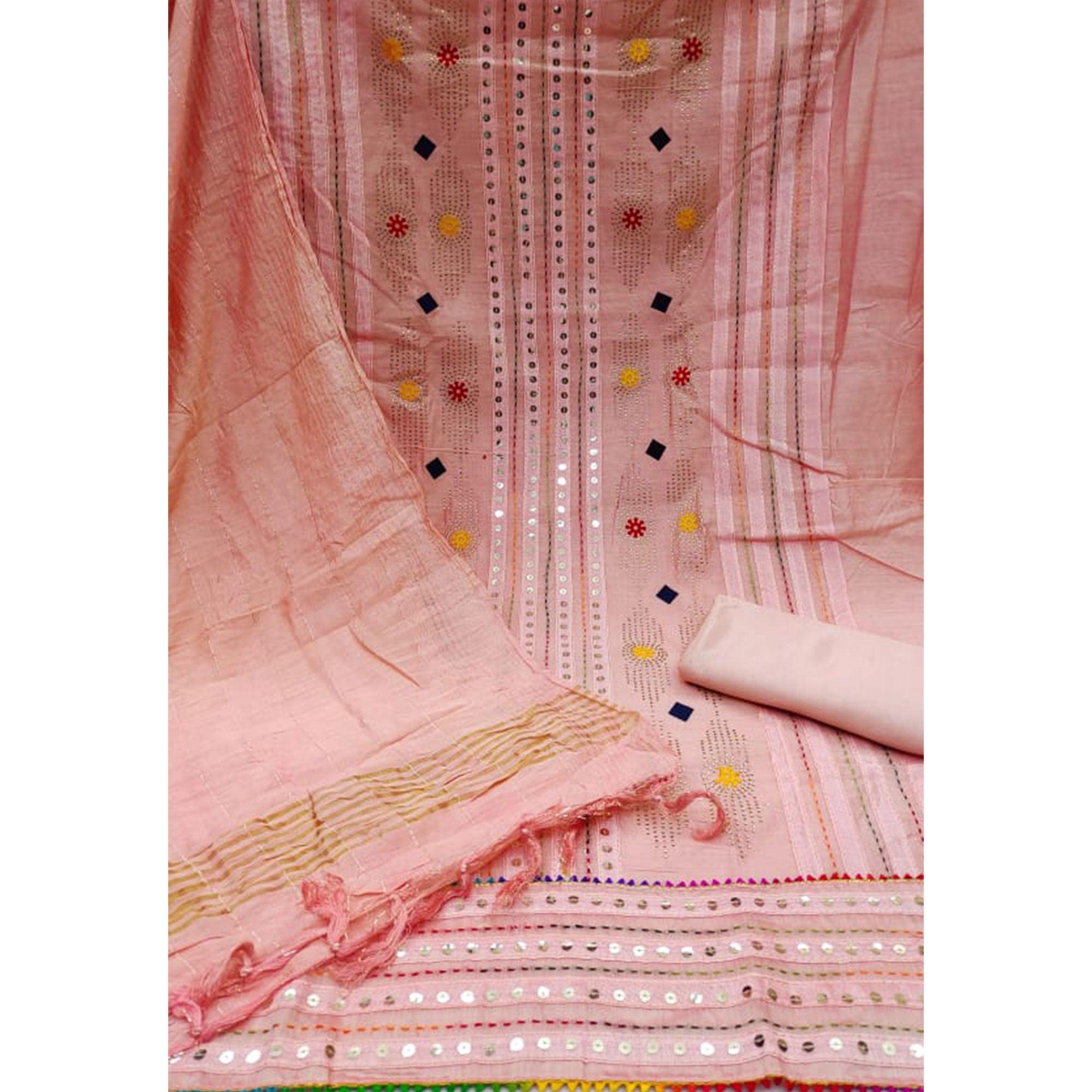 Pink Embellished Chanderi Dress Material - Peachmode