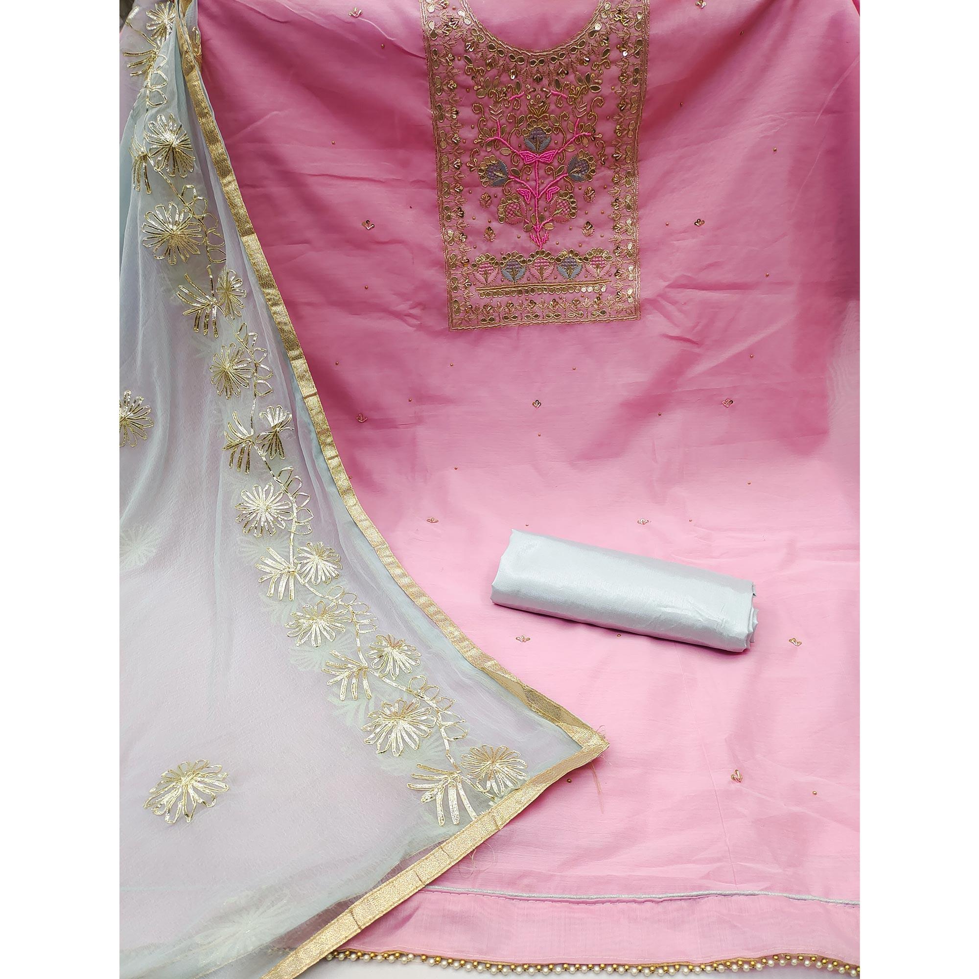Pink Embellished Chanderi Dress Material - Peachmode