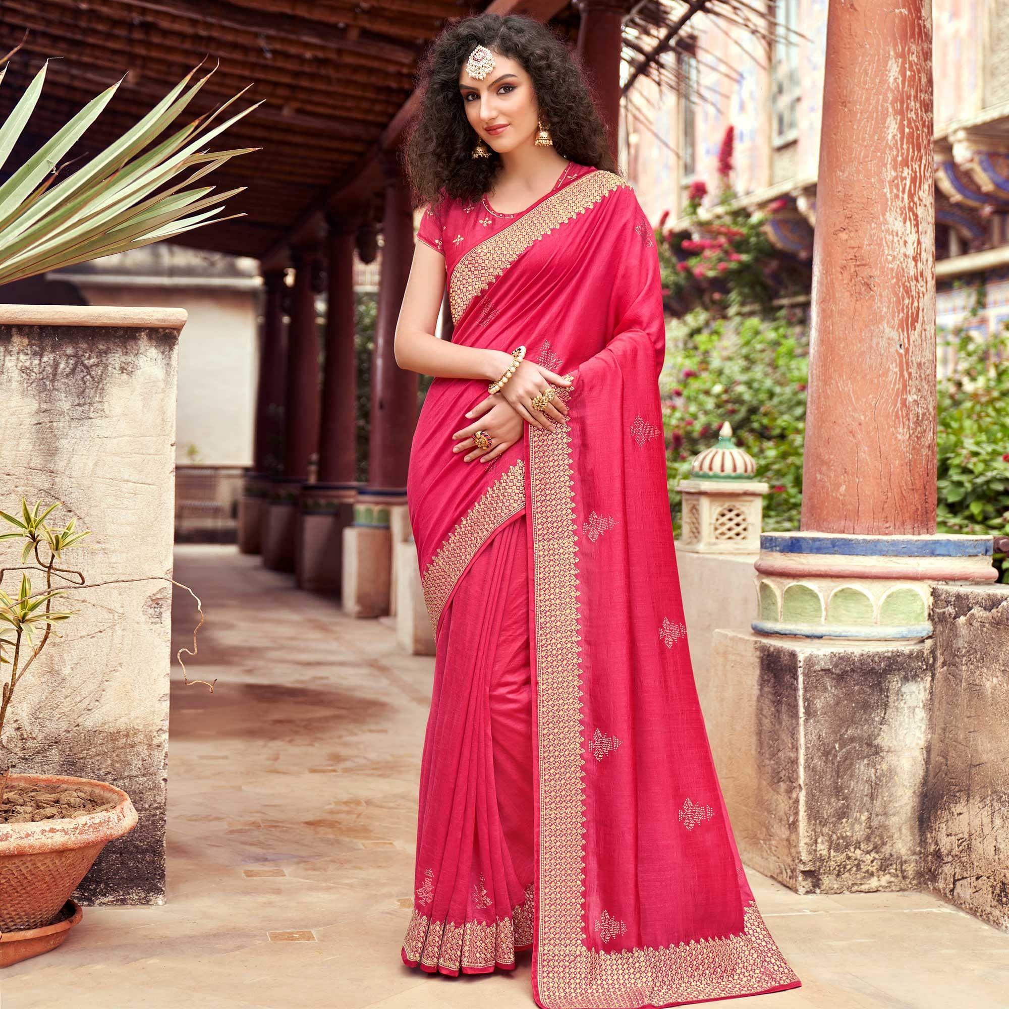 Pink Embellished Vichitra Silk Saree - Peachmode