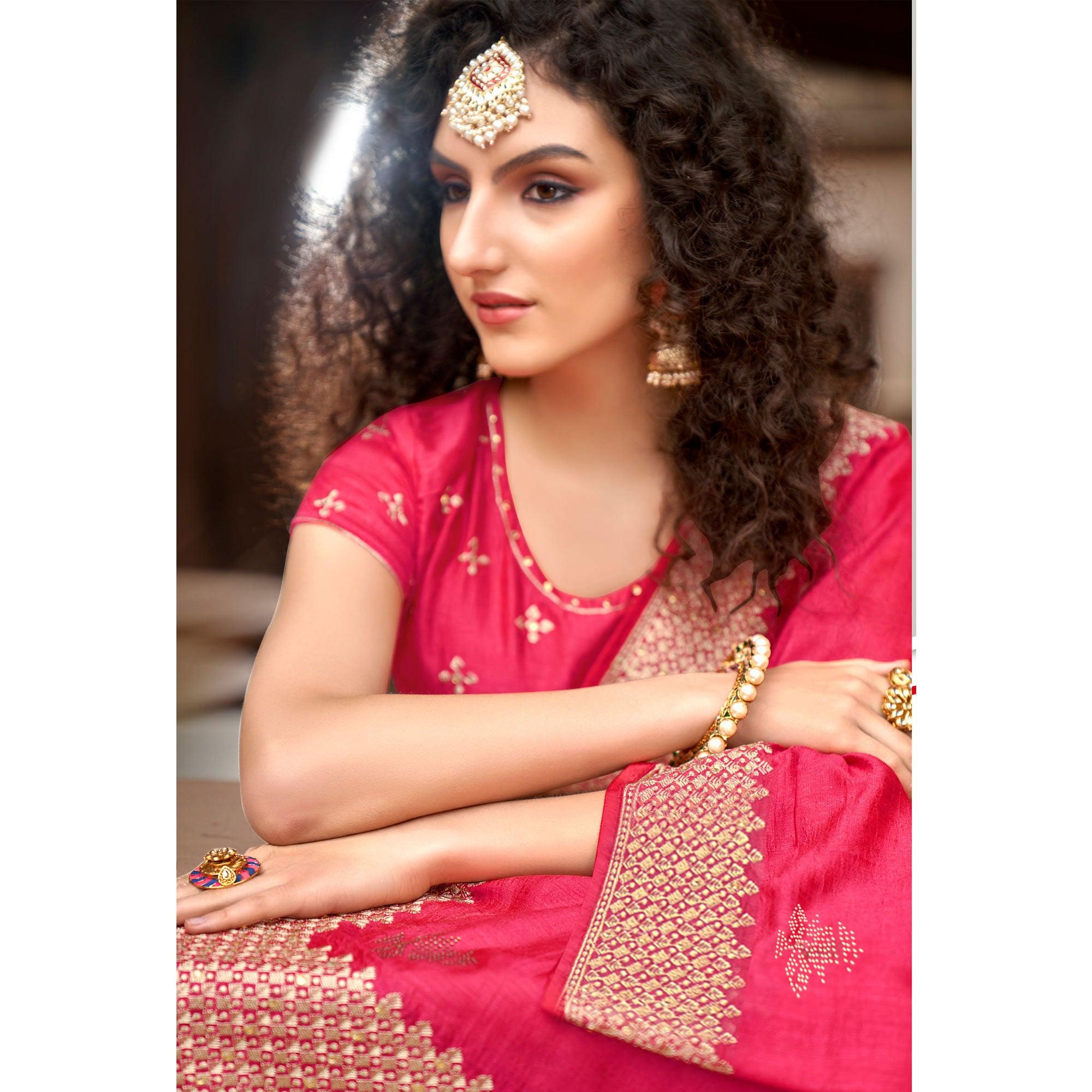 Pink Embellished Vichitra Silk Saree - Peachmode
