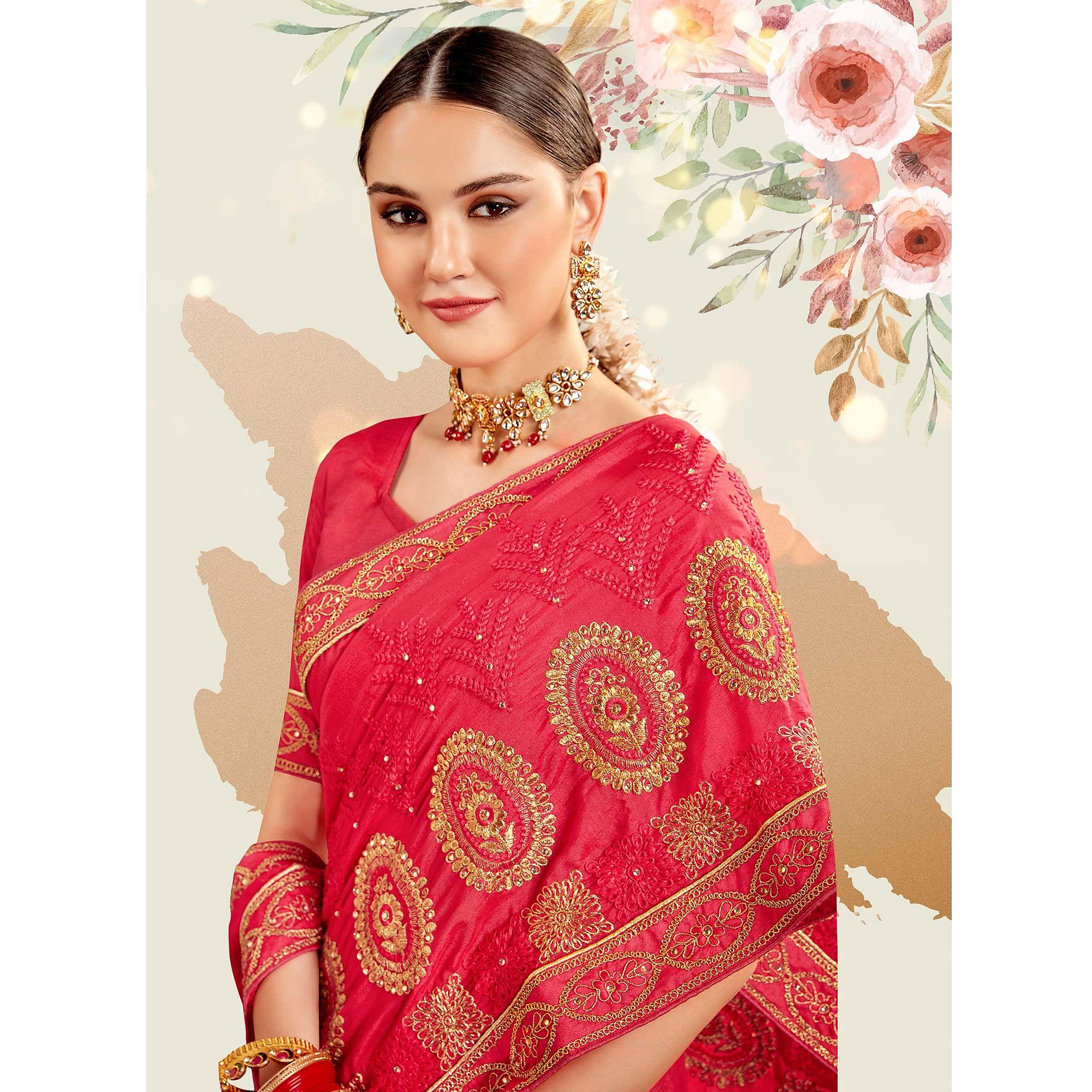 Pink Embellished With Embroidered Art Silk Saree - Peachmode