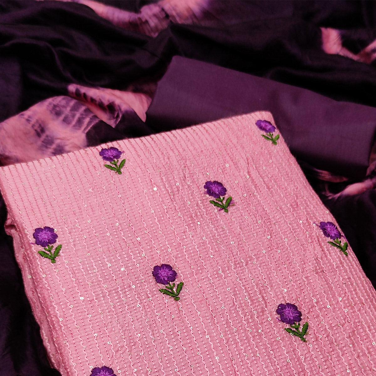 Pink Embellished With Embroidered Chanderi Dress Material - Peachmode