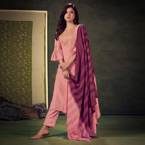 Pink Embellished With Embroidered Chiffon Kurti Pant Set With Dupatta - Peachmode