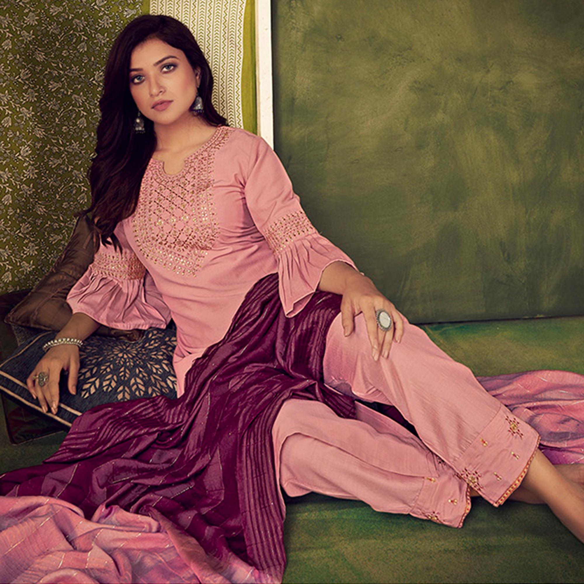 Pink Embellished With Embroidered Chiffon Kurti Pant Set With Dupatta - Peachmode