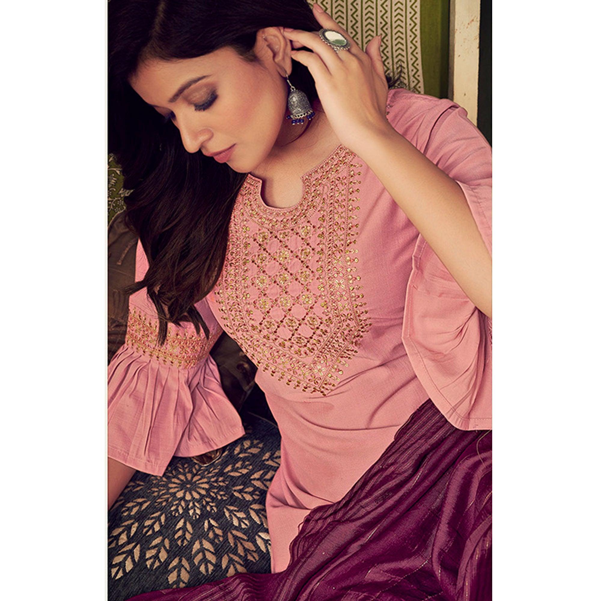Pink Embellished With Embroidered Chiffon Kurti Pant Set With Dupatta - Peachmode