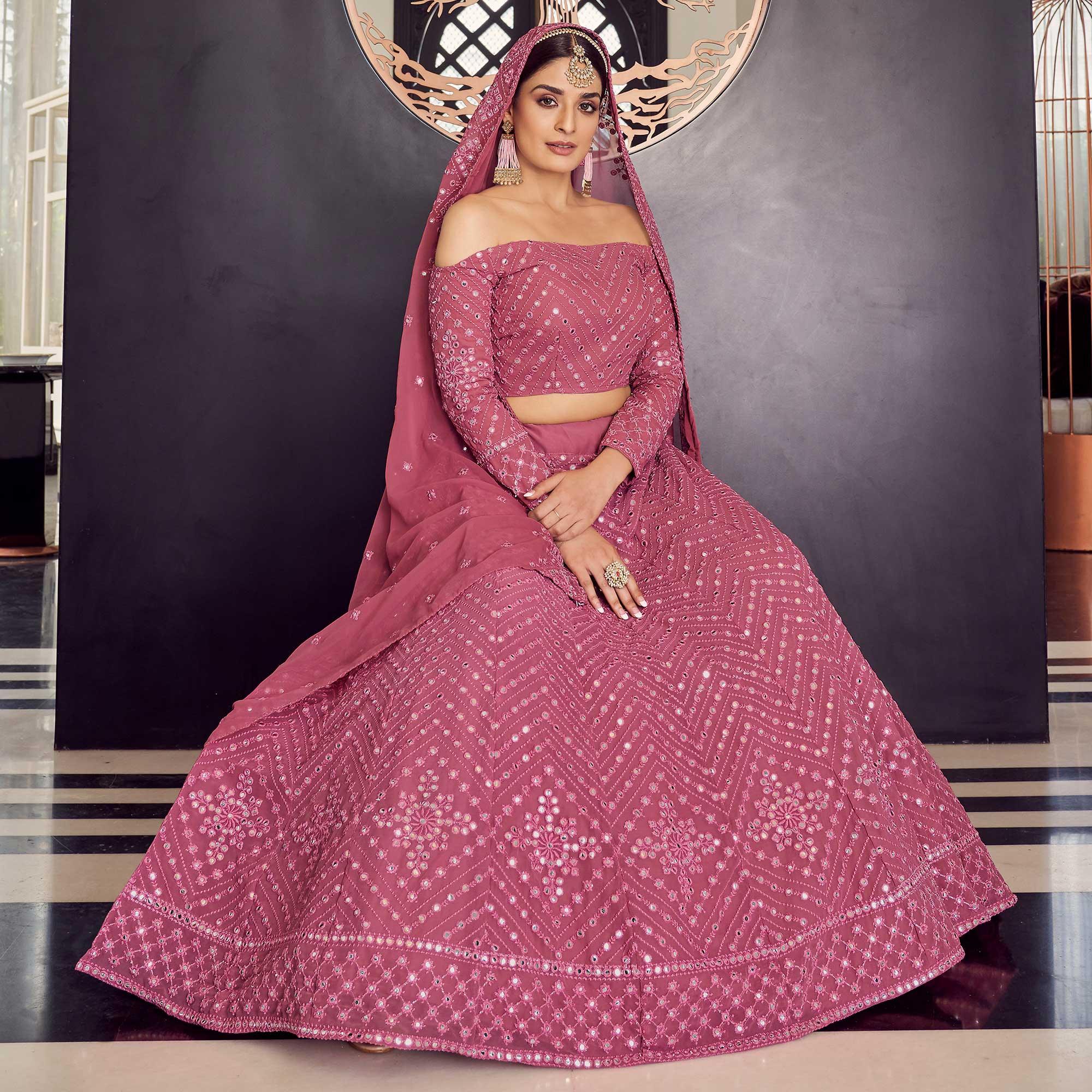 Pink Embellished With Embroidered Georgette Lehenga Choli - Peachmode