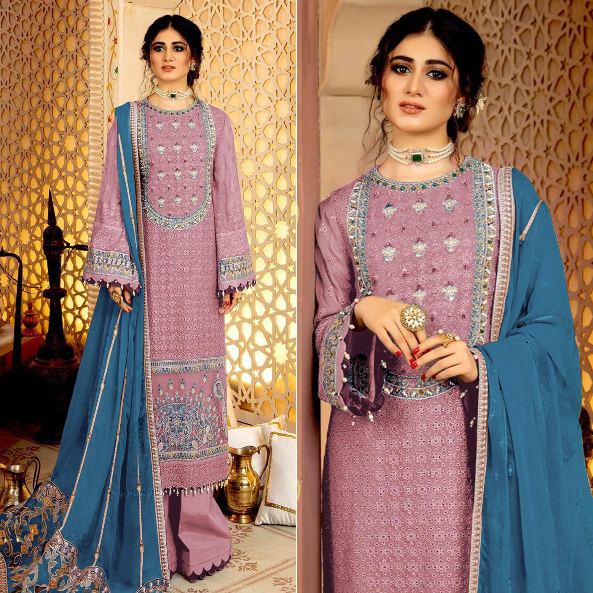 Pink Embellished With Embroidered Georgette Pakistani Suit - Peachmode