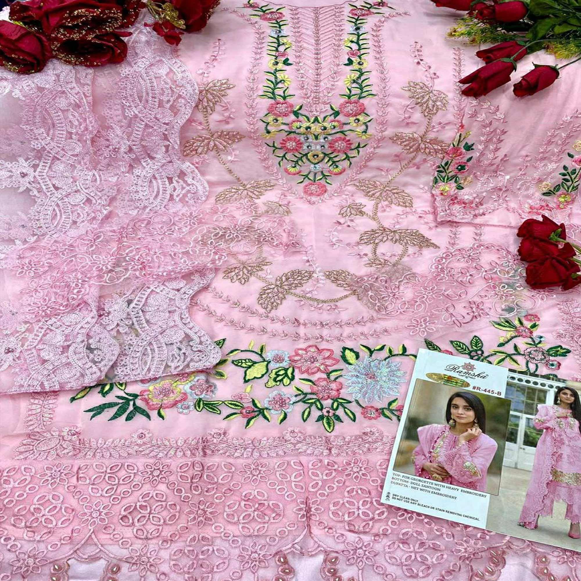 Pink Embellished With Embroidered Georgette Pakistani Suit - Peachmode