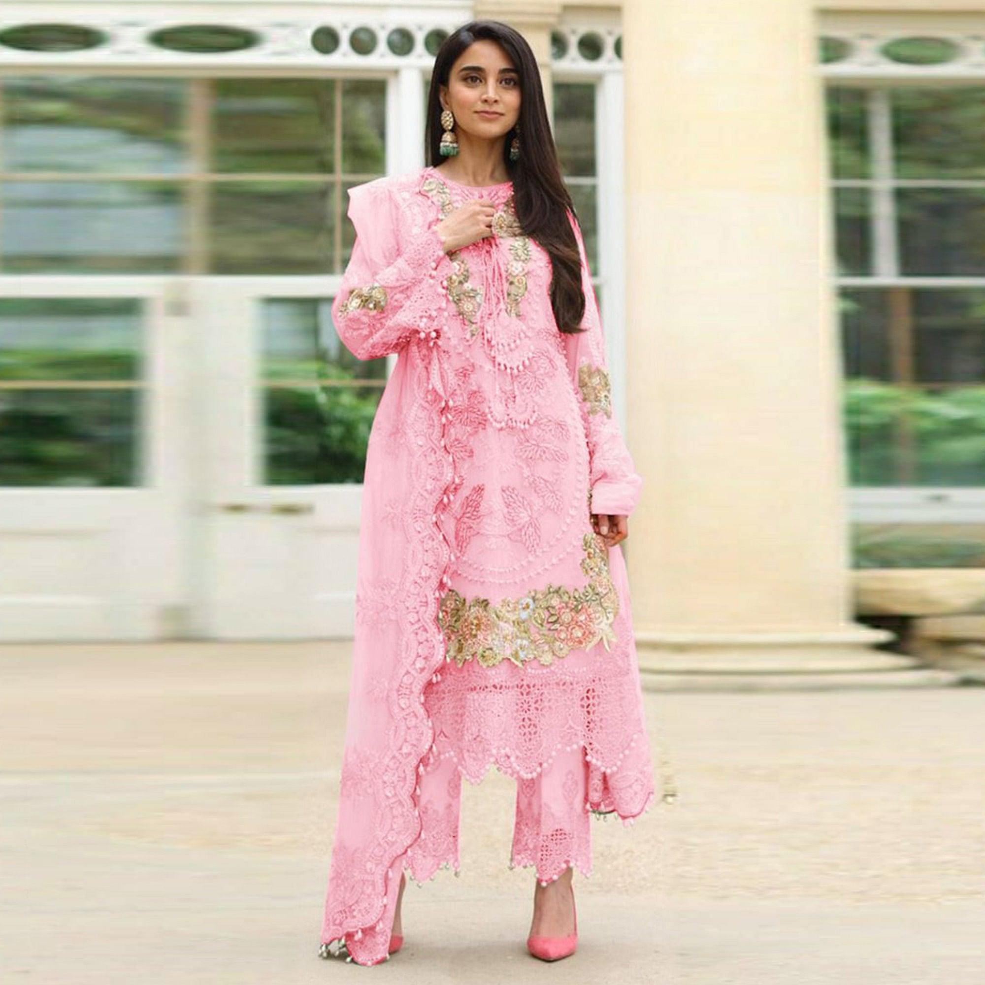 Pink Embellished With Embroidered Georgette Pakistani Suit - Peachmode