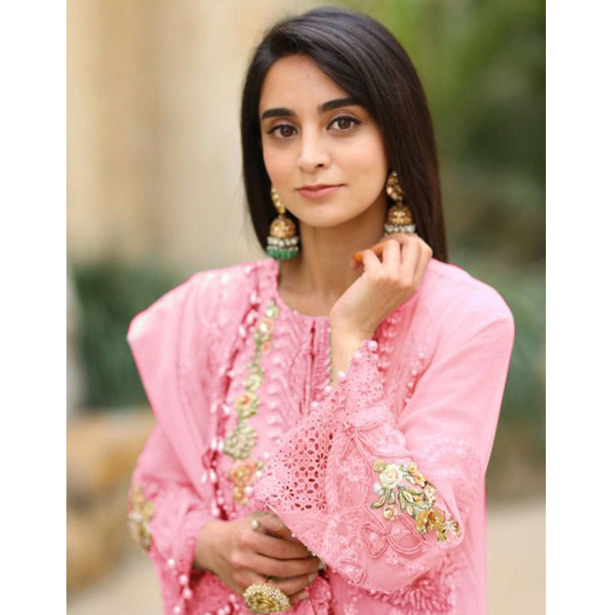 Pink Embellished With Embroidered Georgette Pakistani Suit - Peachmode