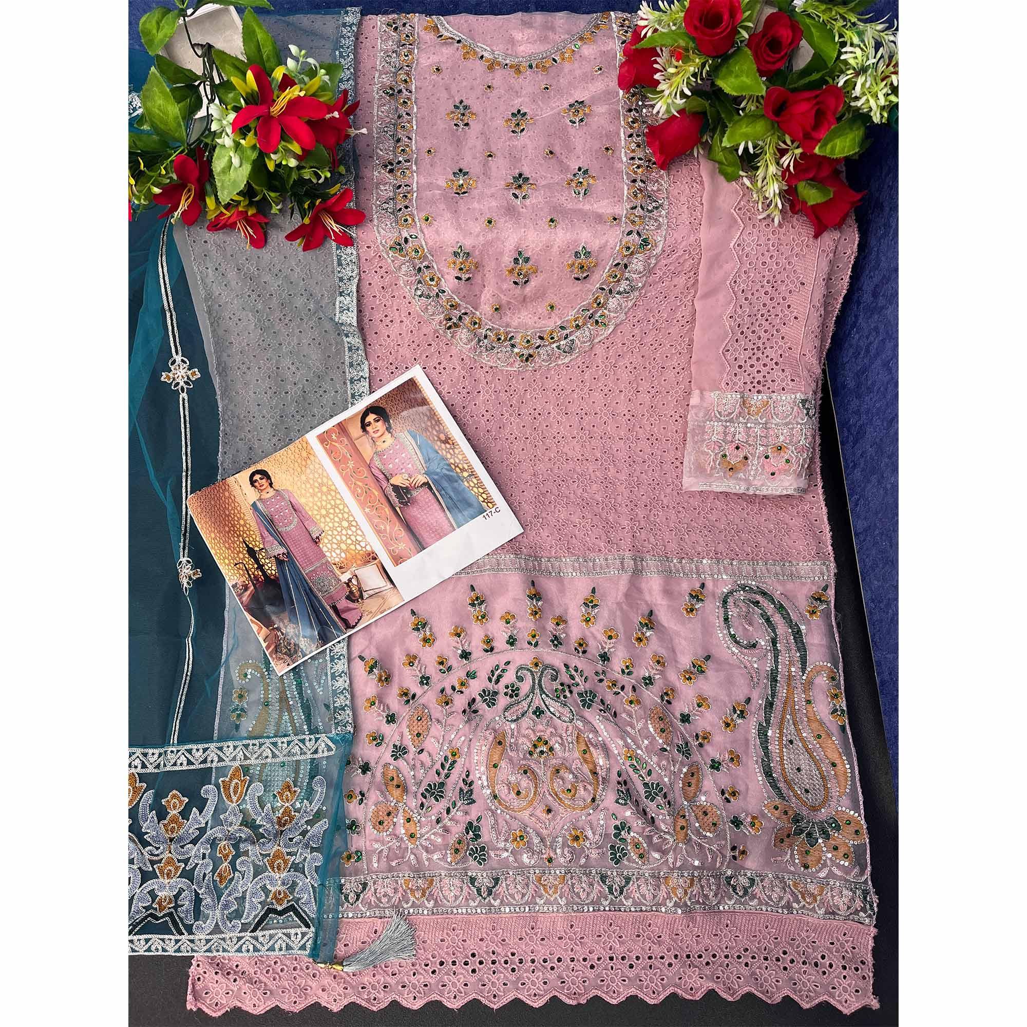 Pink Embellished With Embroidered Georgette Pakistani Suit - Peachmode
