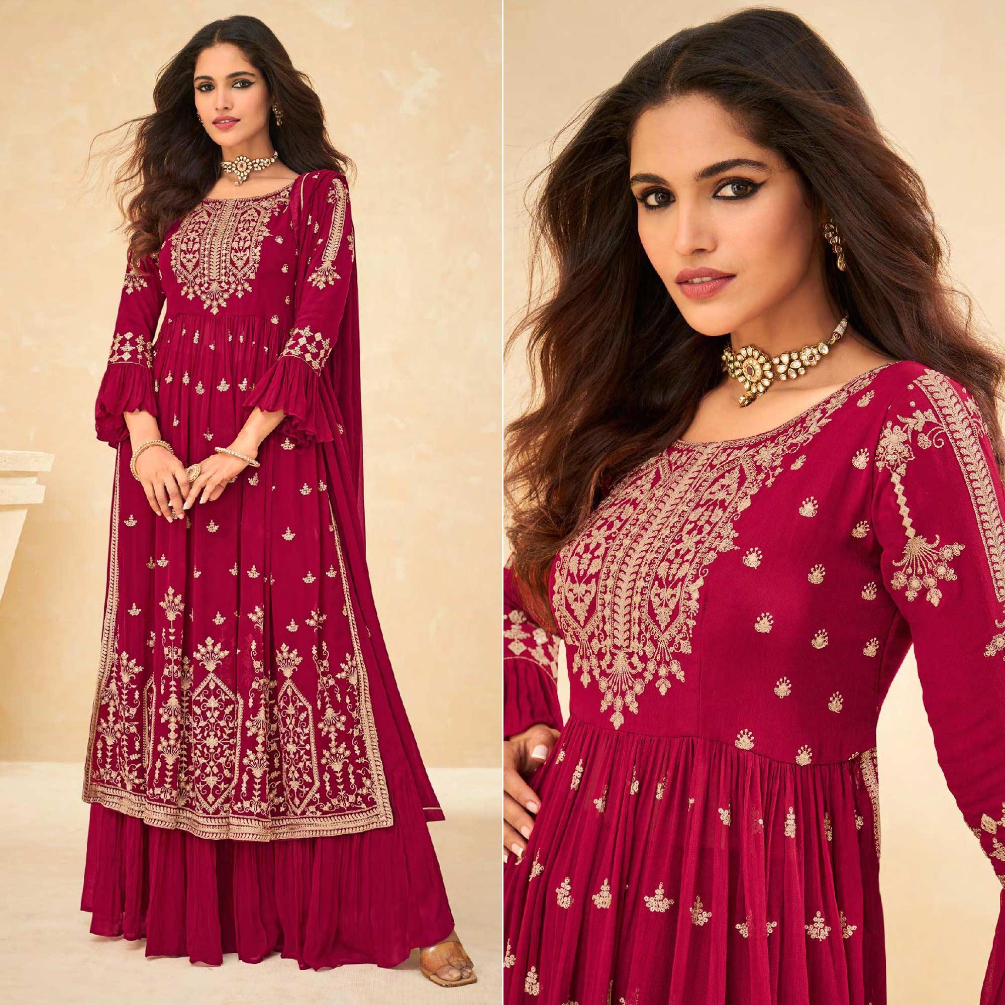Pink Embellished With Embroidered Georgette Palazzo Suit - Peachmode