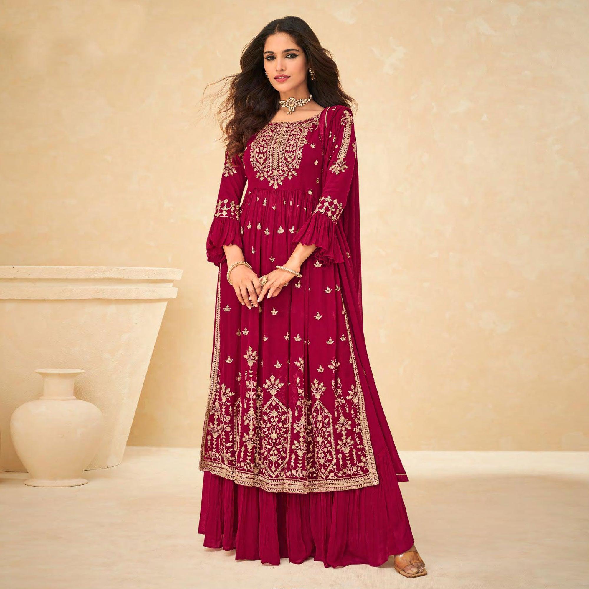 Pink Embellished With Embroidered Georgette Palazzo Suit - Peachmode