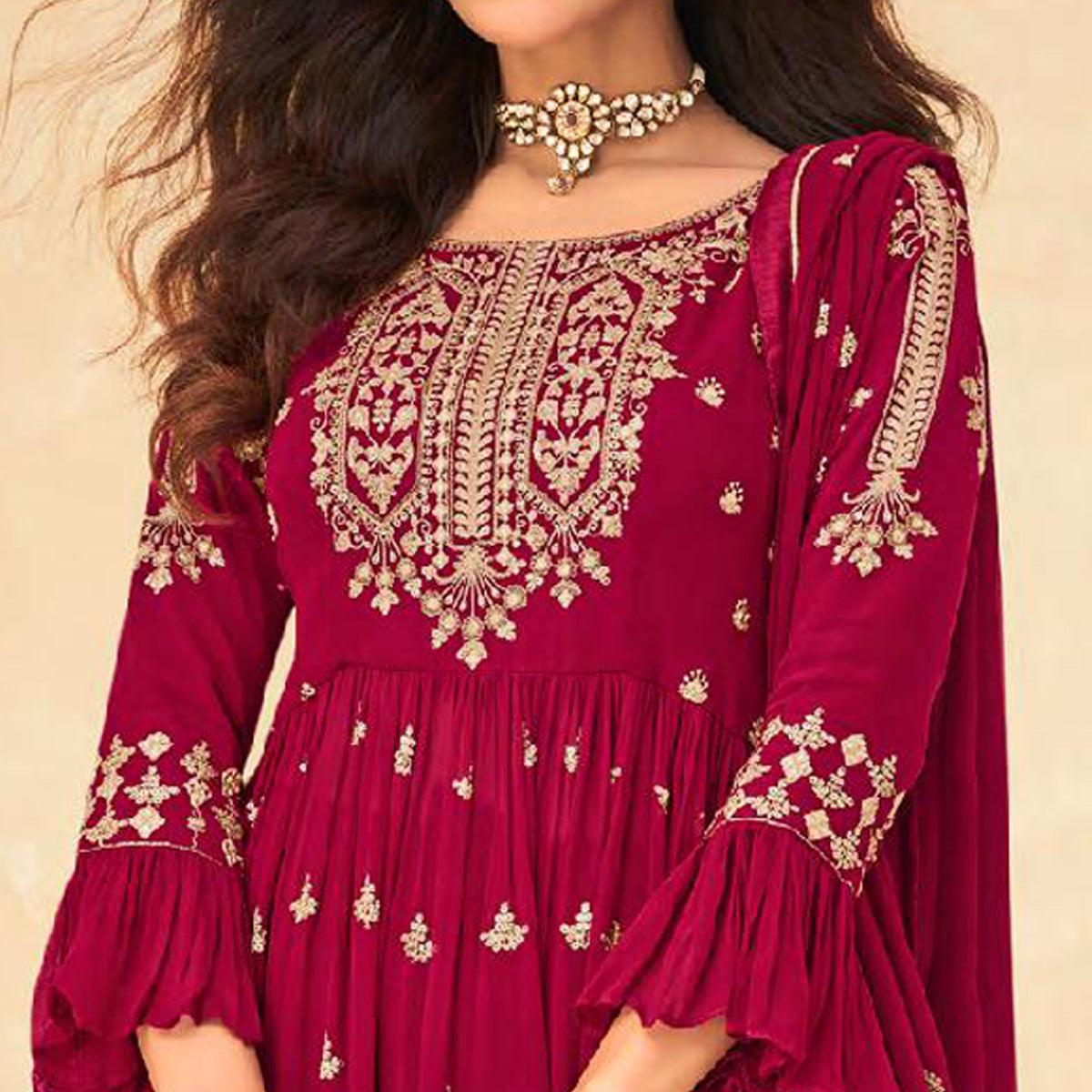 Pink Embellished With Embroidered Georgette Palazzo Suit - Peachmode