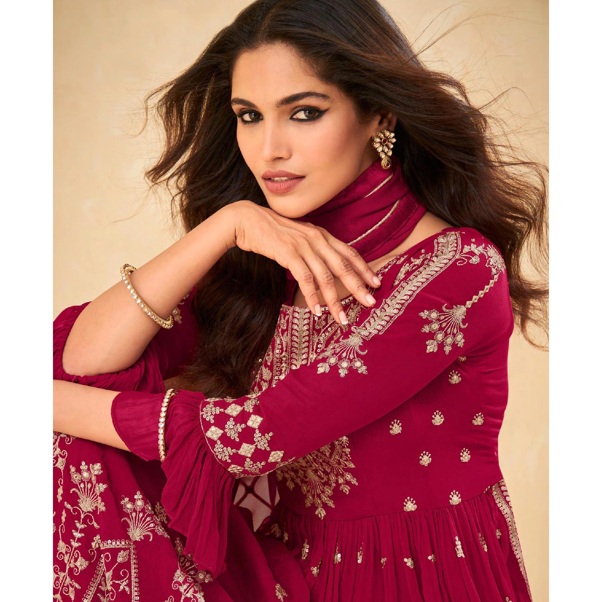 Pink Embellished With Embroidered Georgette Palazzo Suit - Peachmode