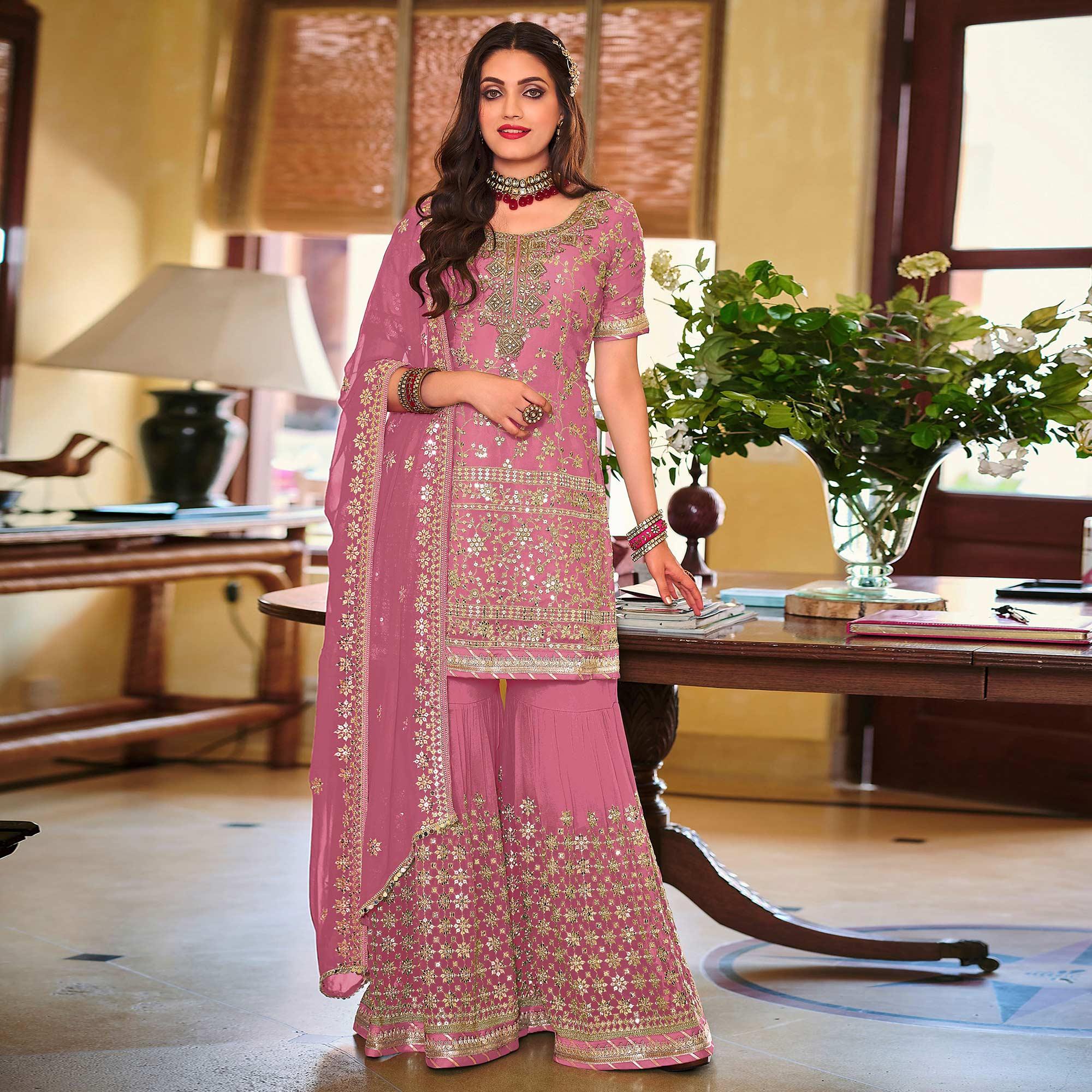 Pink Embellished With Embroidered Georgette Sharara Suit - Peachmode