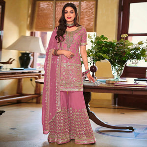 Pink Embellished With Embroidered Georgette Sharara Suit - Peachmode
