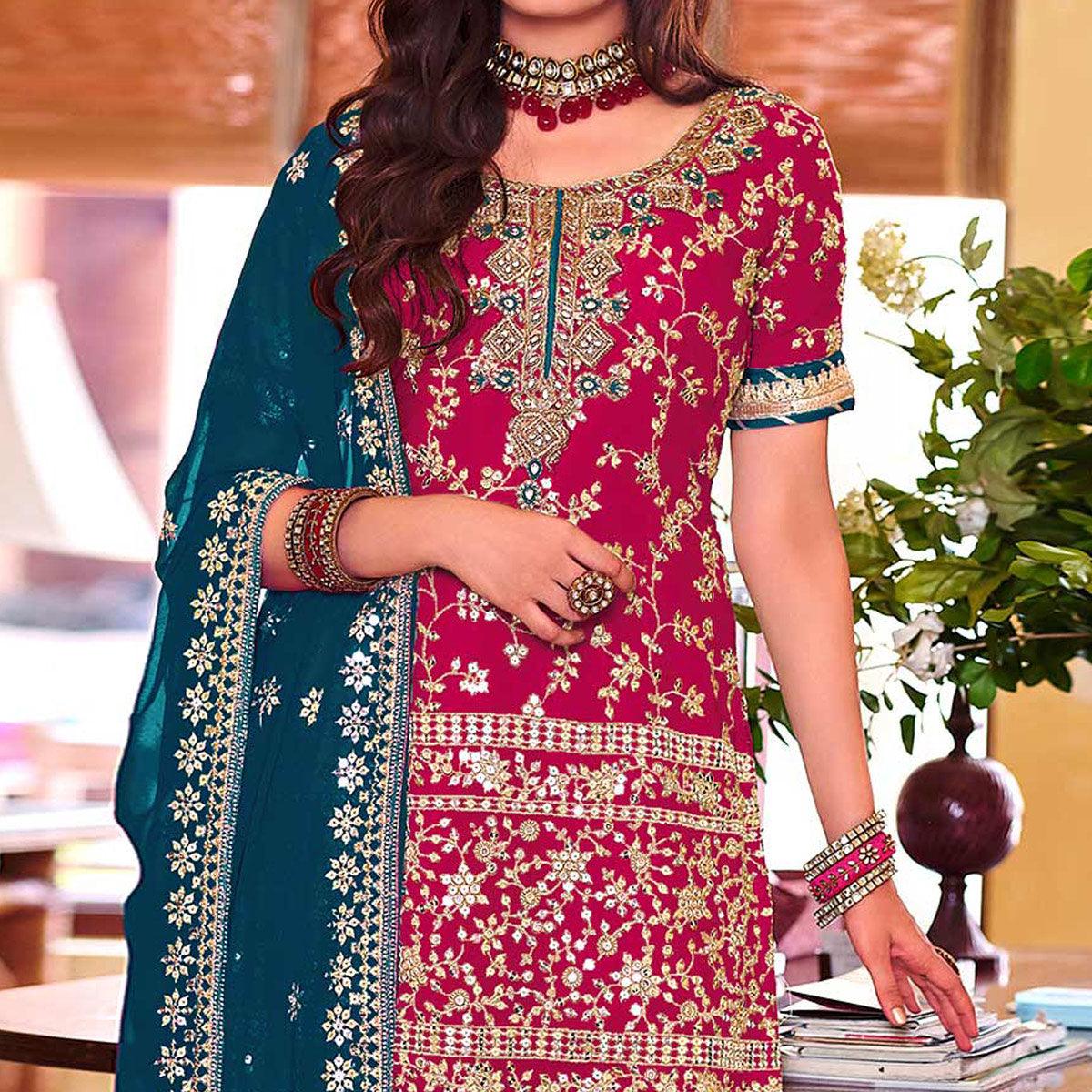 Pink Embellished With Embroidered Georgette Sharara Suit - Peachmode