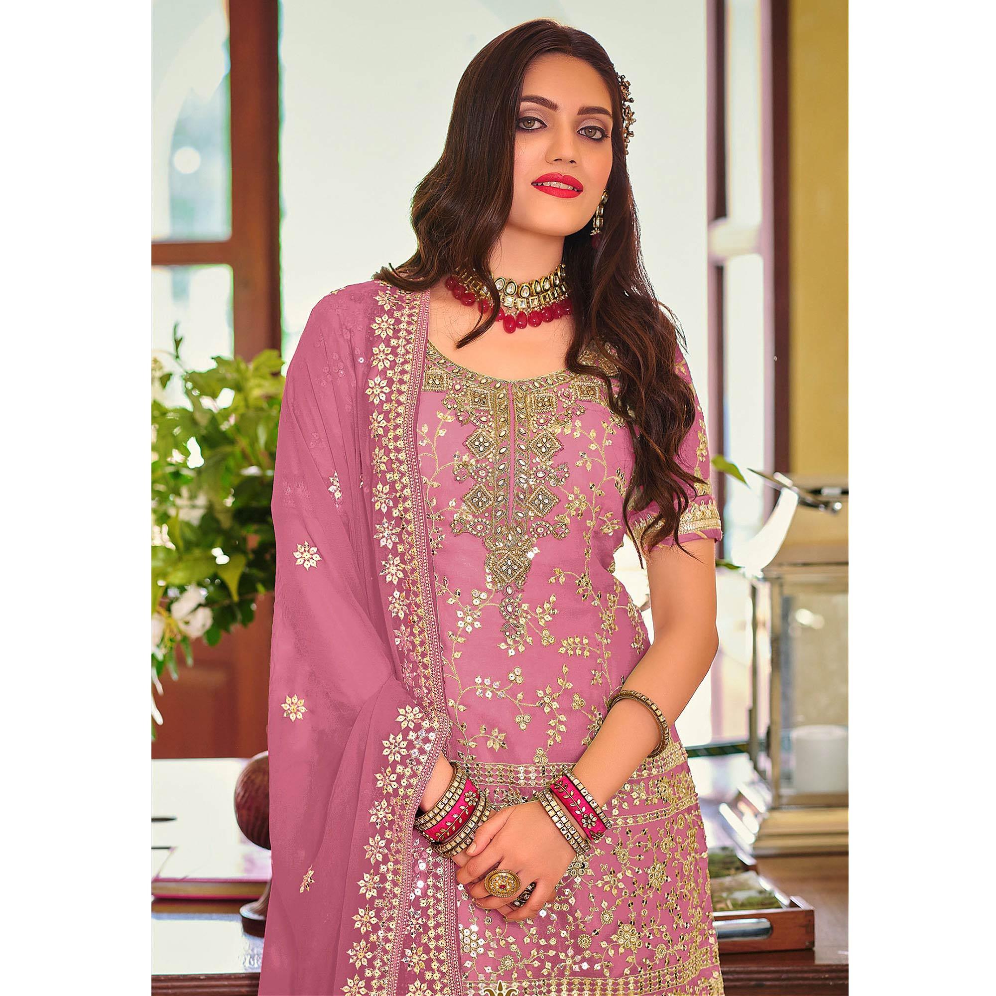 Pink Embellished With Embroidered Georgette Sharara Suit - Peachmode