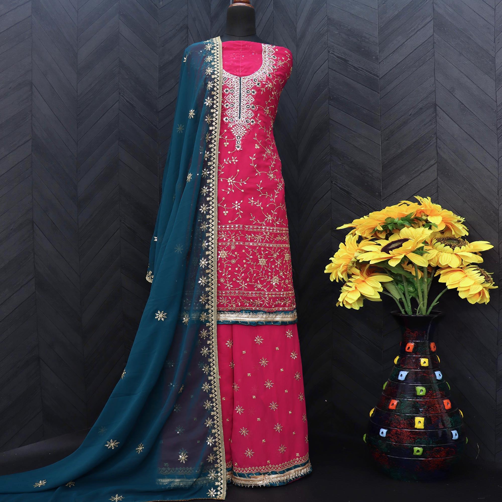 Pink Embellished With Embroidered Georgette Sharara Suit - Peachmode
