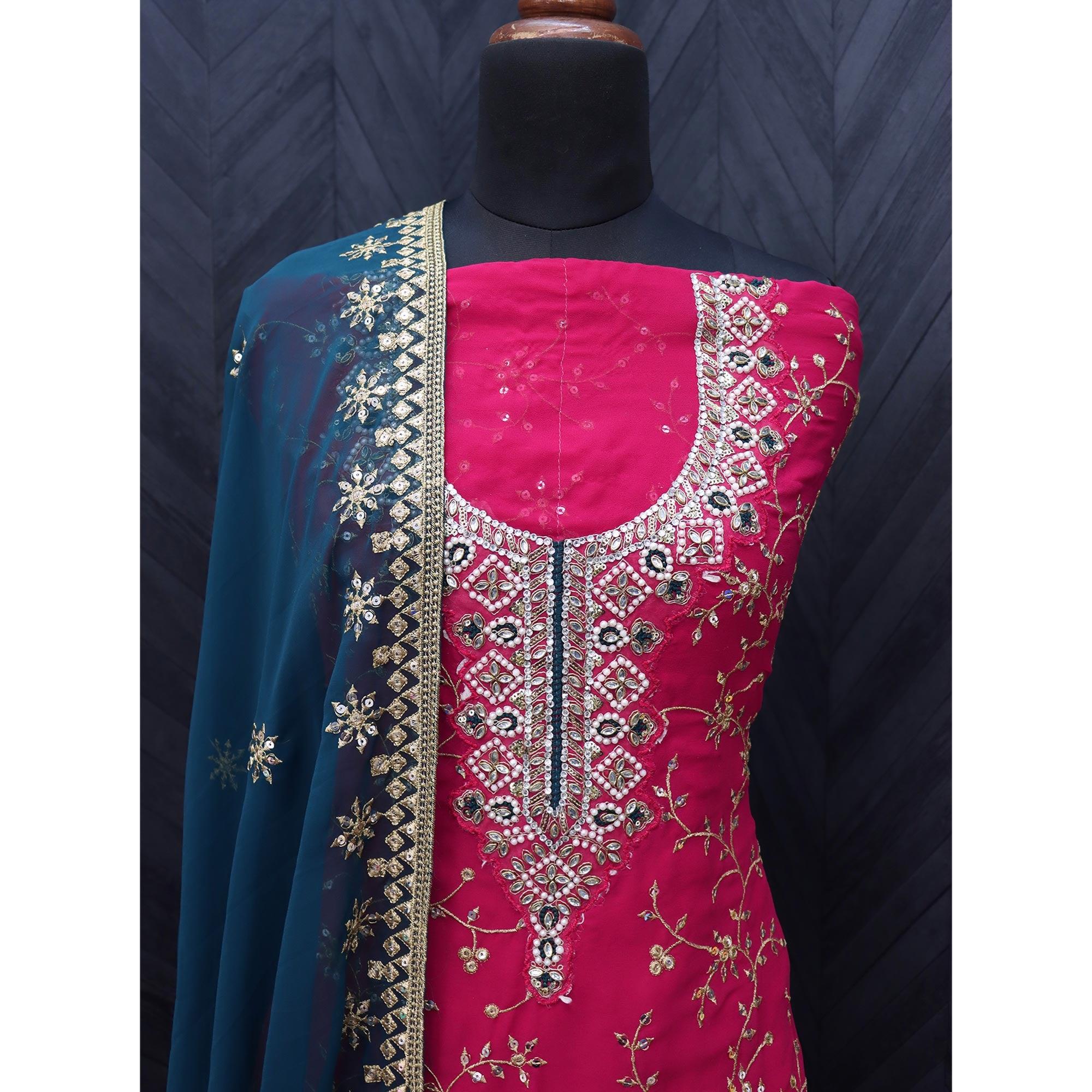 Pink Embellished With Embroidered Georgette Sharara Suit - Peachmode