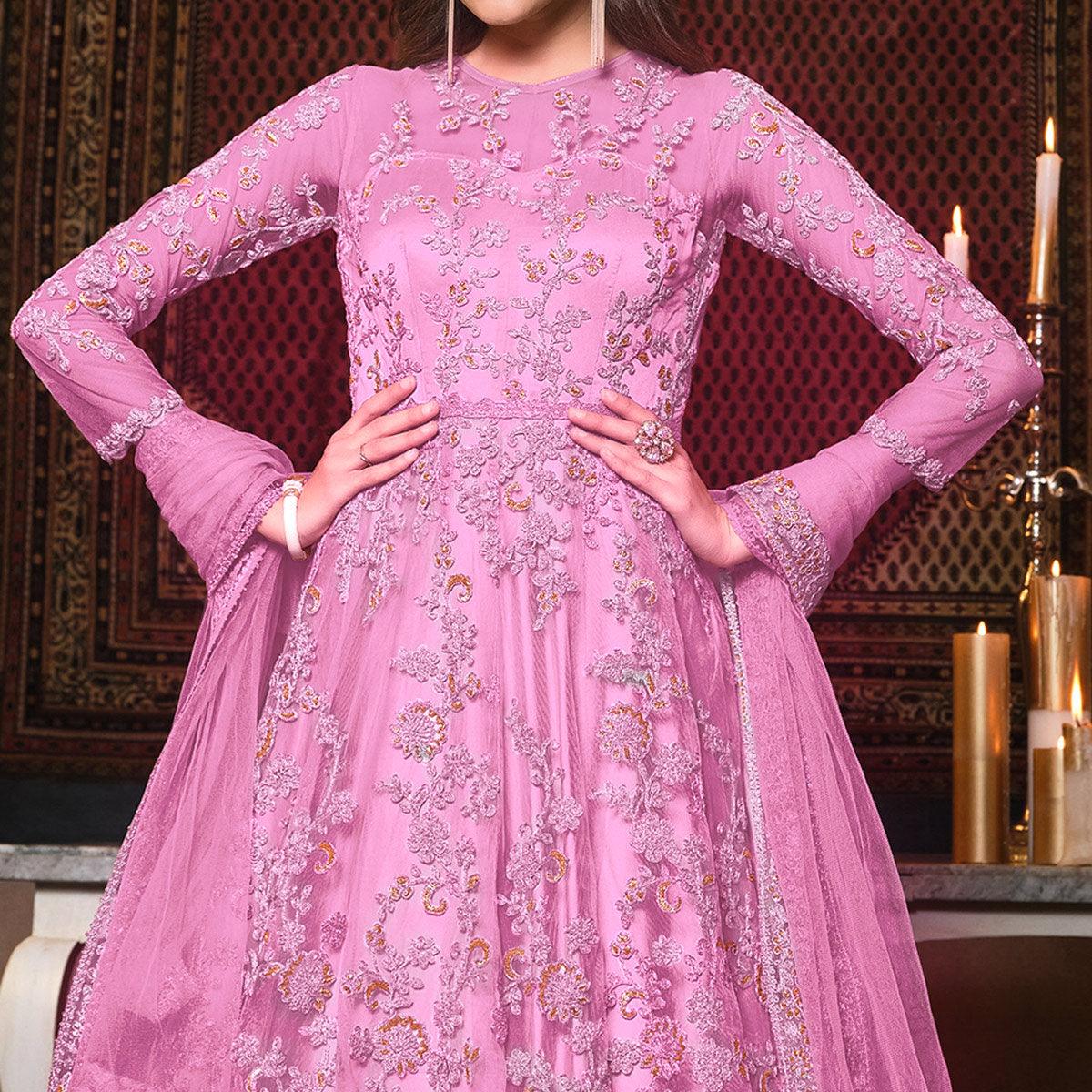 Pink Embellished With Embroidered Net Anarkali Suit - Peachmode